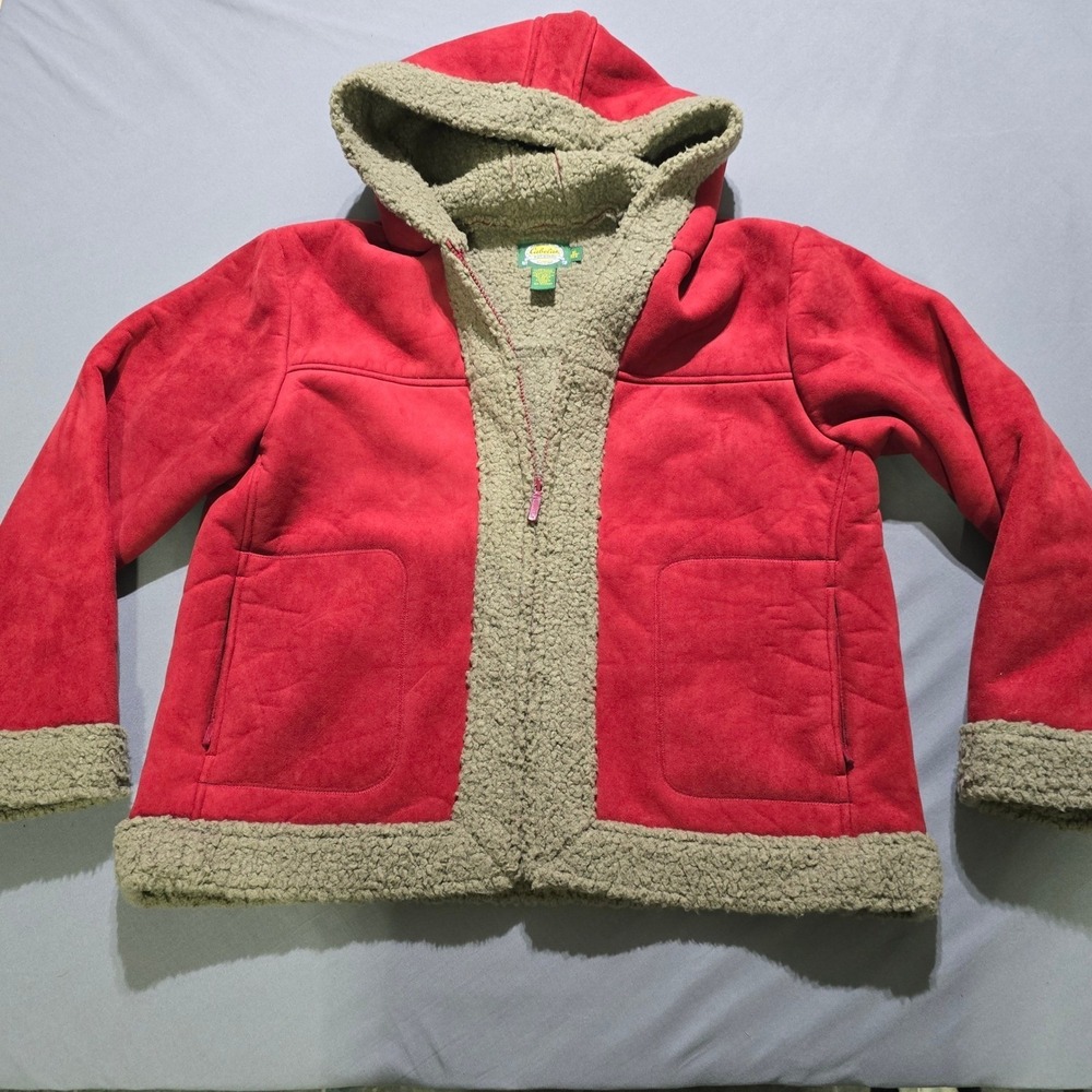 Cabelas Faux Suede Sherpa Lined Jacket Womens XL Red Hooded Full Zip Coat